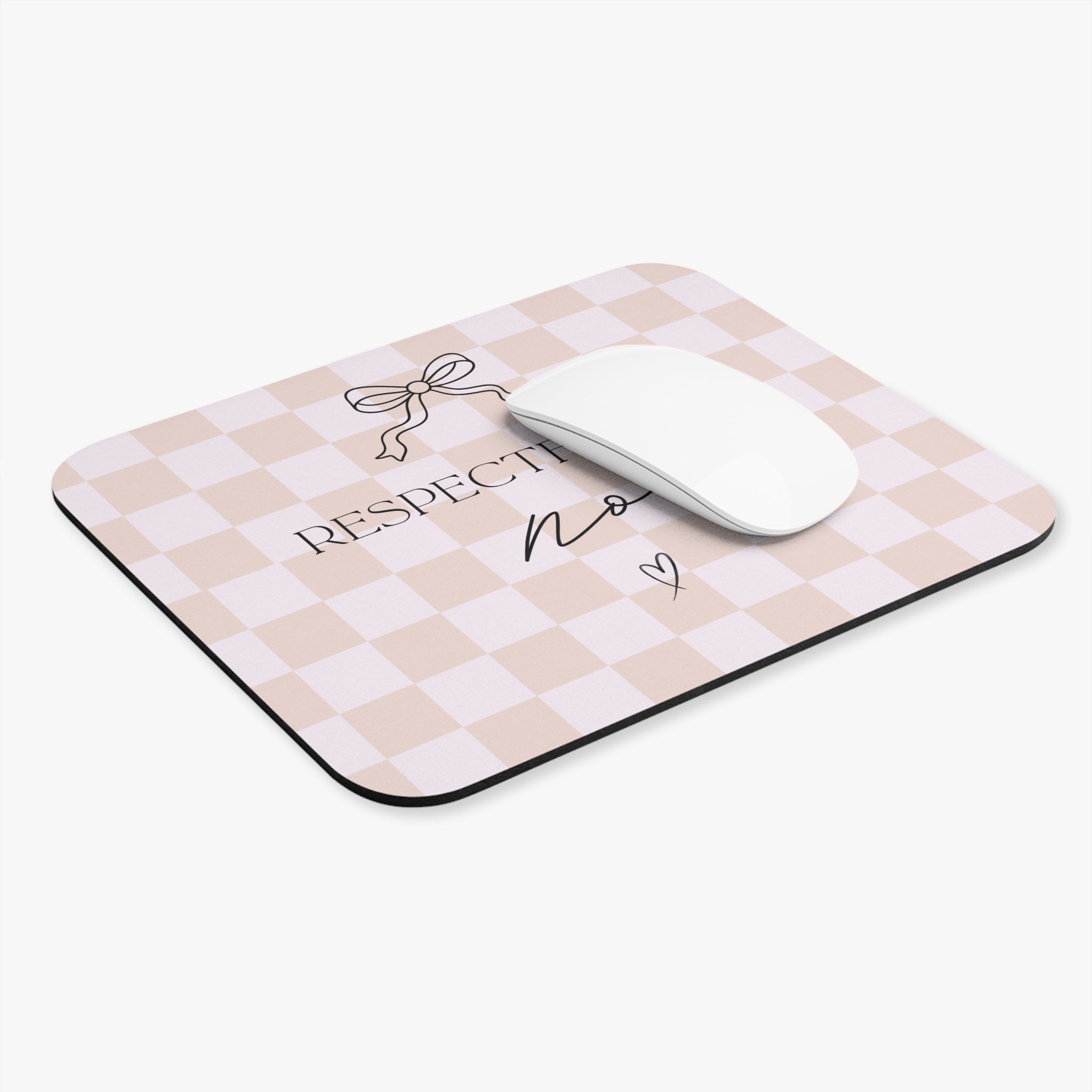 Respectfully No Mouse Pad — Pink Checkered Desk Mat with Bow & Heart