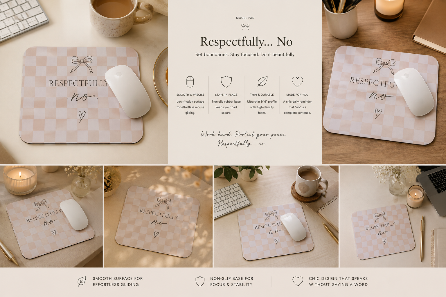 Respectfully No Mouse Pad — Pink Checkered Desk Mat with Bow & Heart