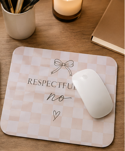 Respectfully No Mouse Pad — Pink Checkered Desk Mat with Bow & Heart